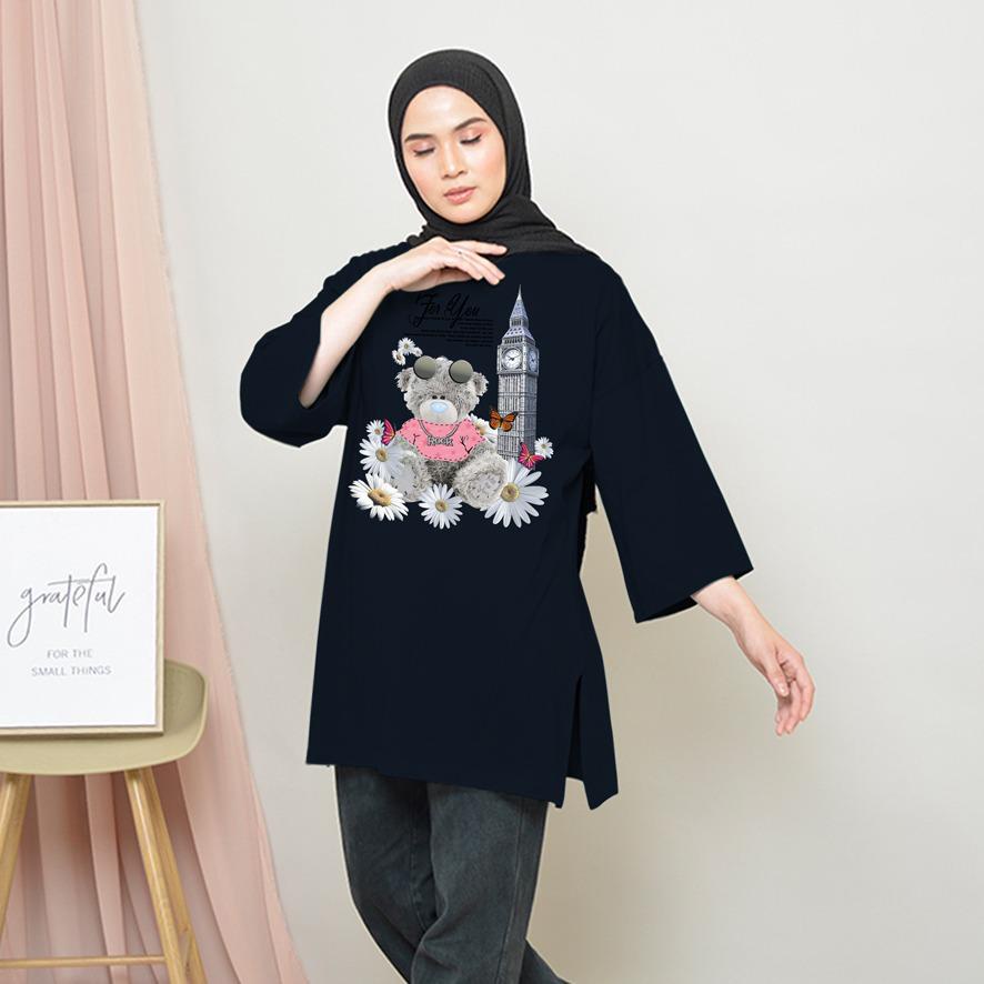 KAOS OVERSIZE TOP HIJAB WANITA BASIC DTF BUNGA BEAR / OVERSIZE SLIT BLOUSE GAMBAR DTF / DIGITAL PRINT