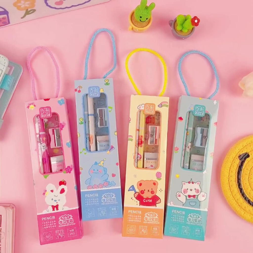 Set Alat Tulis 5 in1 Portable Stationary Set Kartun Lucu Beruang Mini Paket Alat Tulis-Doo