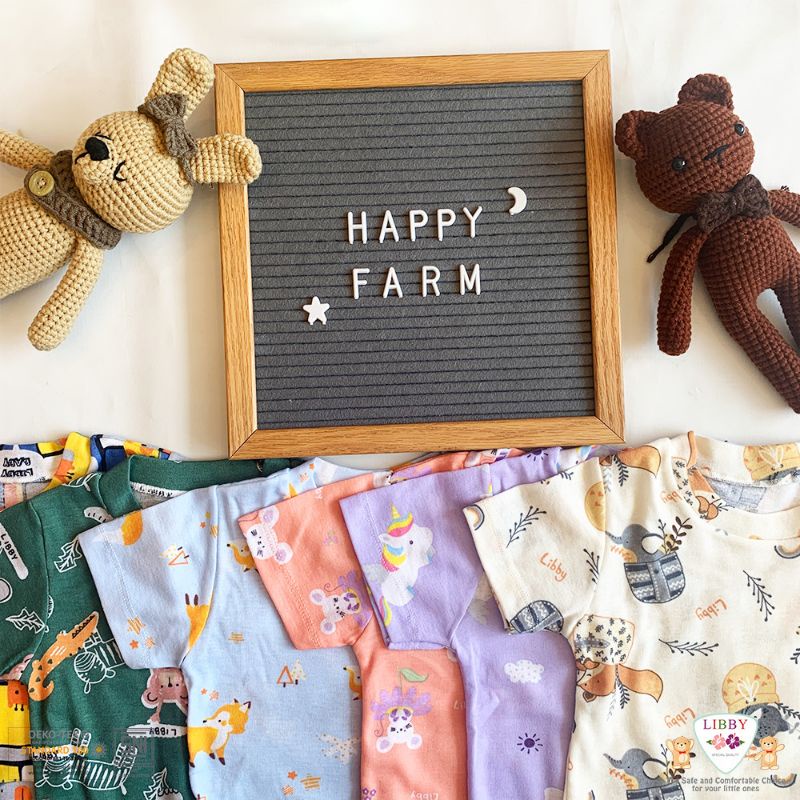 3pc_ Libby baby  setelan pendek bahan 100% cotton motif  PLAY THE GROUND happy farm,gardens by the JOY,  Picnic in the garden boy n girl series basking in the sun/ setelan libby baby / setelan bayi