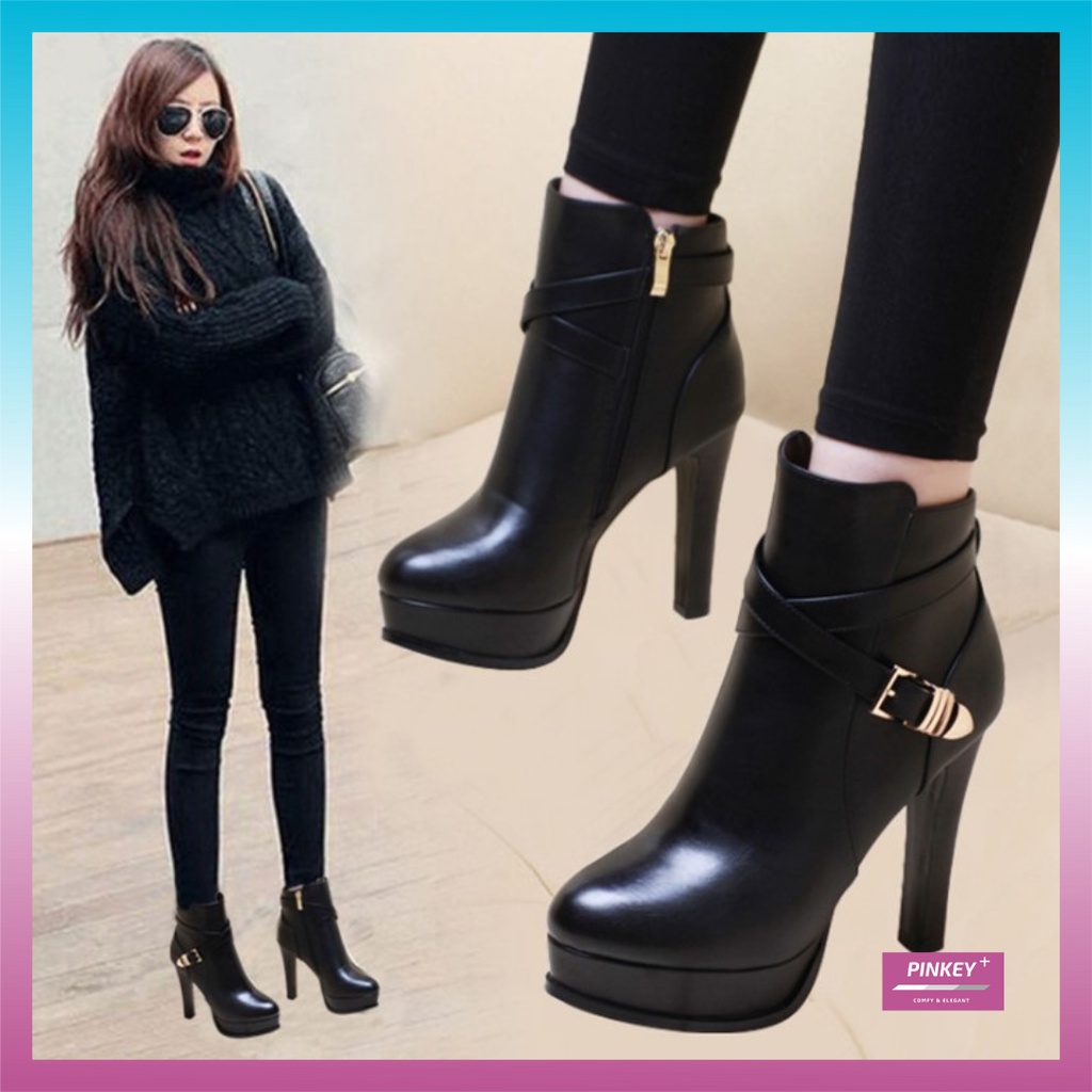 ✅PINKEY P116 Fashion Women Boots Shoes PU Leather Breathable Chunky High