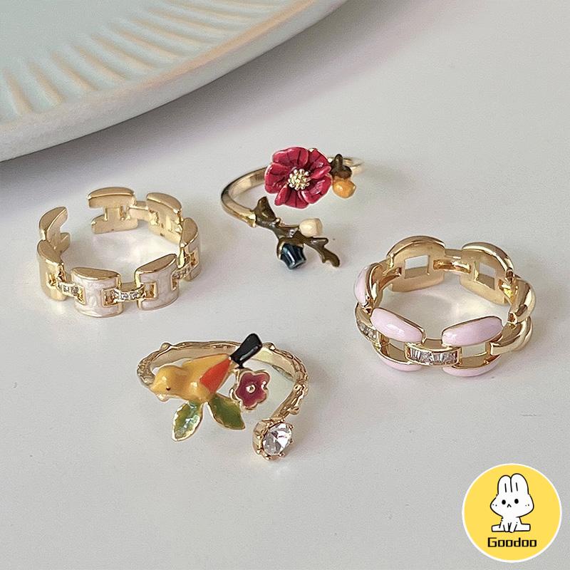 Cincin Model Terbuka Bahan Alloy Desain Bungaburung Hias Berlian Imitasi Untuk Wanita Aksesori Cincin Serbaguna -Doo