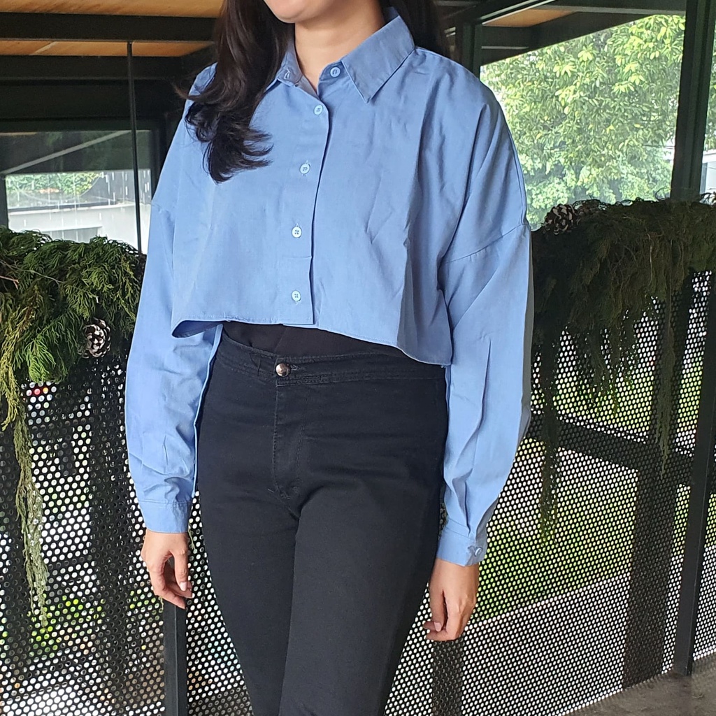 Manche Denim Asymetris crop top kemeja blouse atasan wanita