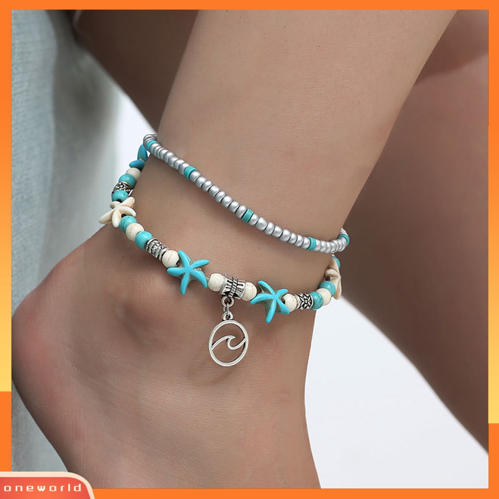 [WONE] Bintang Laut Double Layer Wanita Gelang Kaki Alloy Bohemia Beads Adjustable Foot Rantai Hawaii Perhiasan