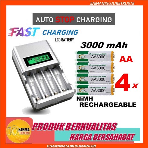 PAKET BATERAI BTY AA 3000 Mah RECHARGEABLE 1,2V + QUICK SMART CHARGER