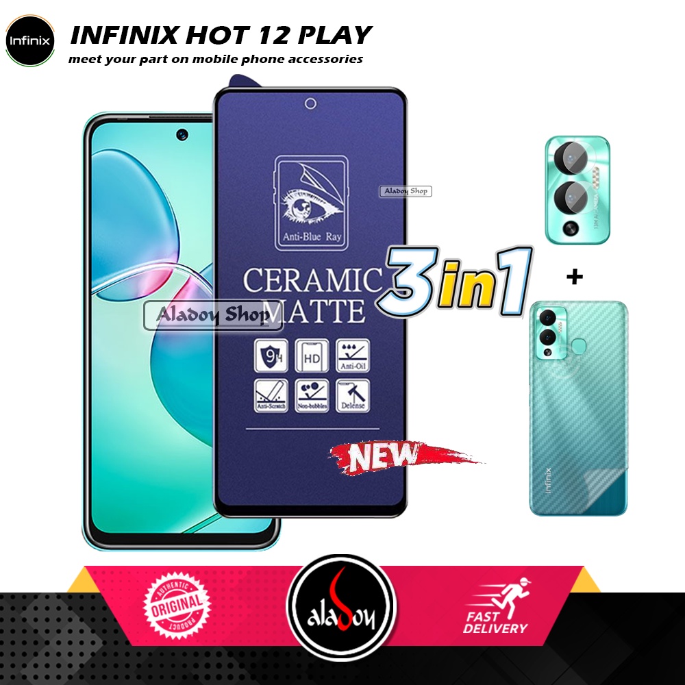 PAKET 3IN1 Anti Gores Blue Matte Anti Glare Infinix Hot 12 Play  + Tempered Glass Camera dan Skin Carbon