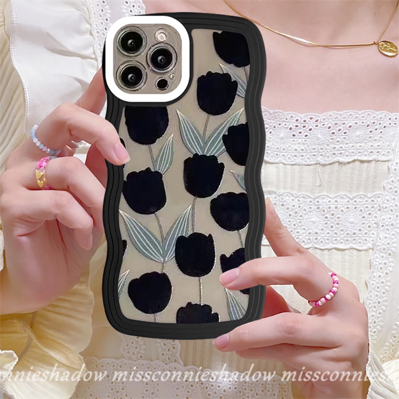 Case Kompatibel Untuk iPhone XR 11 Pro Max7 8 6s 6 Plus12 13 14 Pro Max14 Plus X XS MAX SE 2020gelombang Tepi Hitam Tulip Daun Hijau Silikon Lembut Back Phone Cover