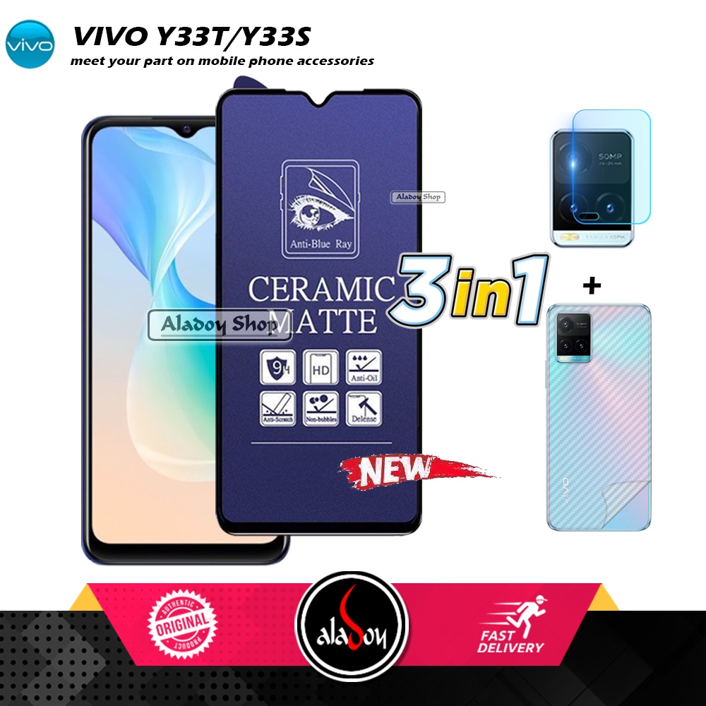 PAKET 3IN1 Anti Gores Blue Matte Anti Glare Vivo Y33T/Y33S + Tempered Glass Camera dan Skin Carbon