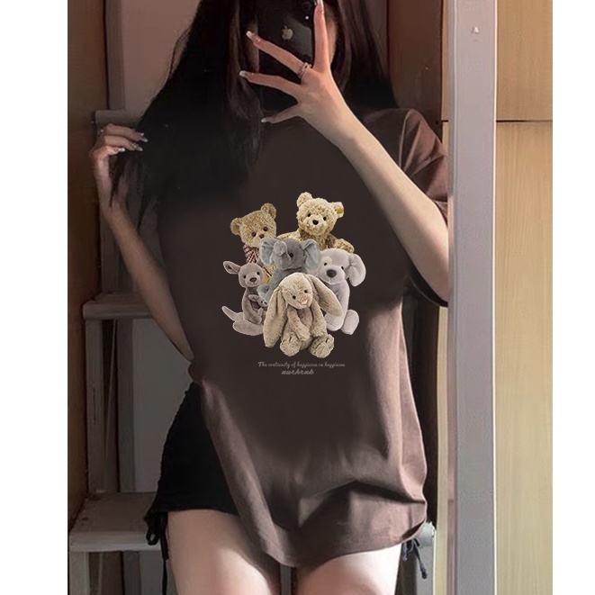 American Retro Oversize Lengan Pendek Cartoon Bear Graphic Print T-shirt Kekinian Kaos Import Couple