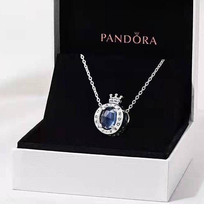 Pandora Kalung925 Perak Perak Biru Cubic Zirconia Mahkota Berlian Liontin Kalung Wanita Fashion Perhiasan Aksesoris