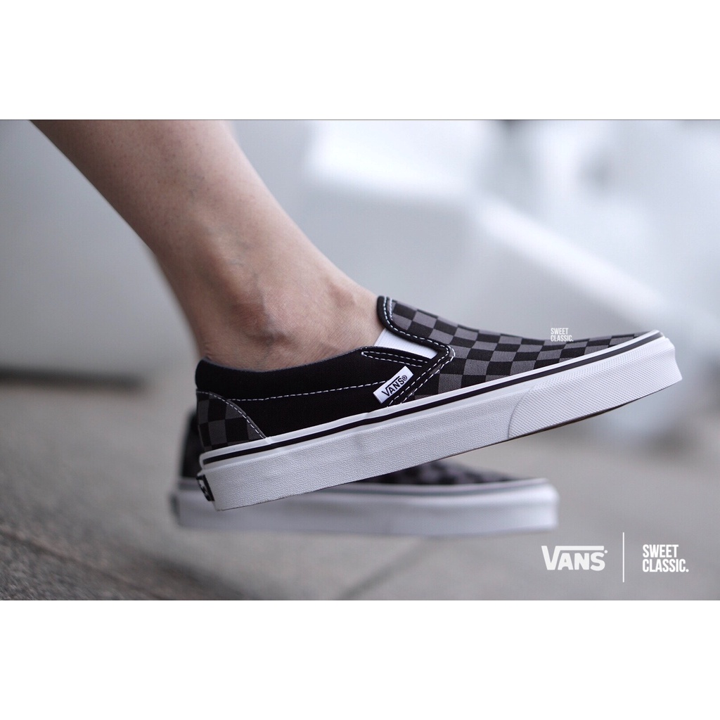 Sepatu Vans Slip On Sol Checkerboard Grey Black White Abu Hitam Putih Motif Kotak Catur Sekolah Kerja Kuliah hangout Keren Santai Murah