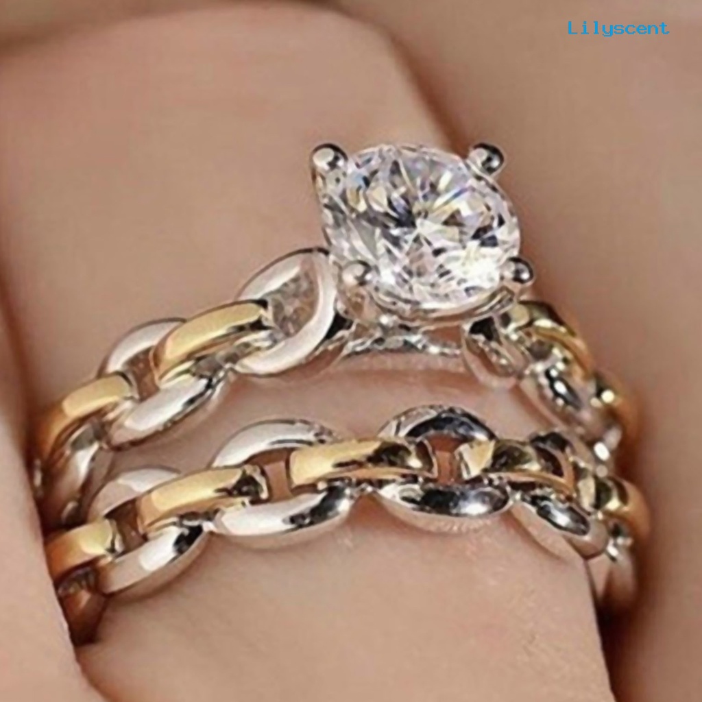 [LS]2Pcs /Set Rantai Permukaan Halus Pernikahan Band Alloy Two-tone Berlian Imitasi Wanita Rings Charm Jewelry