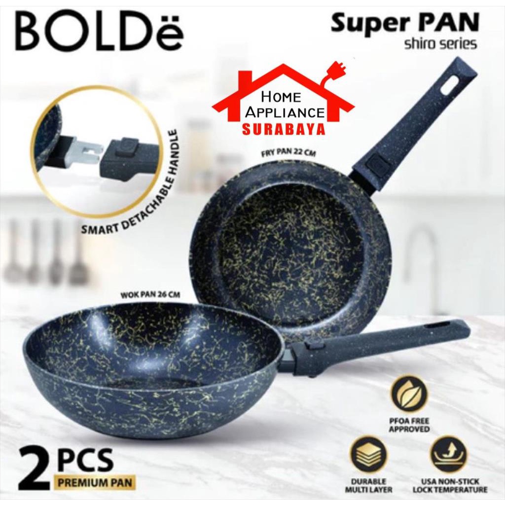 BOLDe Super Pan Shiro Series Granite Panci Set 2 PCS Wajan Wok 26CM + Frypan 22CM - Gagang Bisa Dilepas