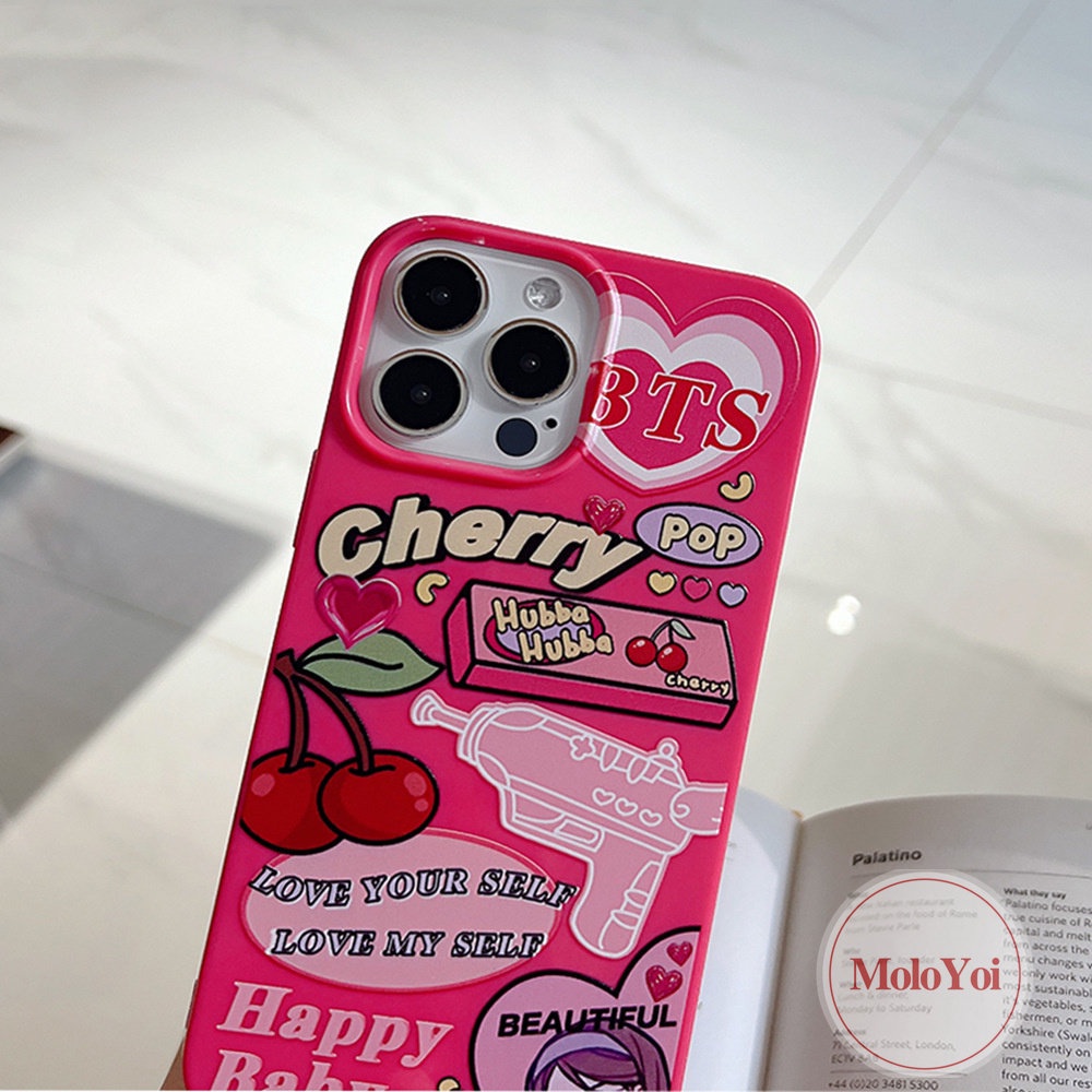 IPHONE Case Kompatibel Untuk Iphone14 11 13 12 Pro Max XR 78 Plus X XS Max SE 2020 Permen Glossy Shockproof Protection Camera Ros Red Kartun Label Cherry Lembut Tpu Silicon Back Cover