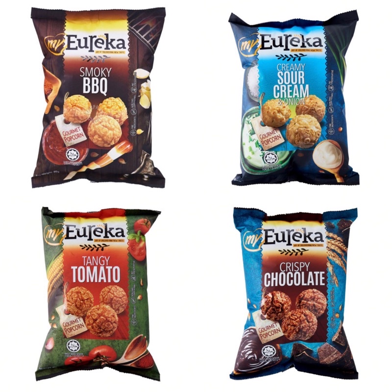 

Eureka Gourmet Popcorn 80gr / Eureka / Gourmet / Popcorn / 80gr / Crispy / Chocolate / Tangy / Tomato / Creamy / Sour / Cream / & / Onion / Smoky / BBQ / cokelat / tomat / barbecue / snack / malaysia / pop corn