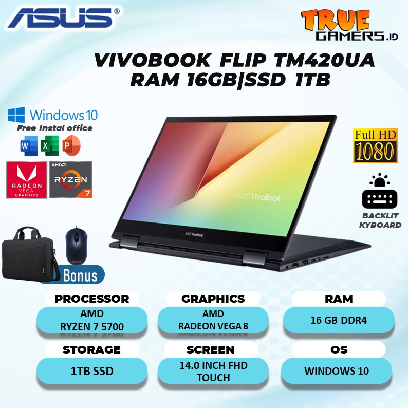 Laptop Asus Vivobook FLIP TM420UA 2IN1 TOUCH RYZEN 7 5700 16GB 1TBSSD VEGA8 W10 14.0FHD