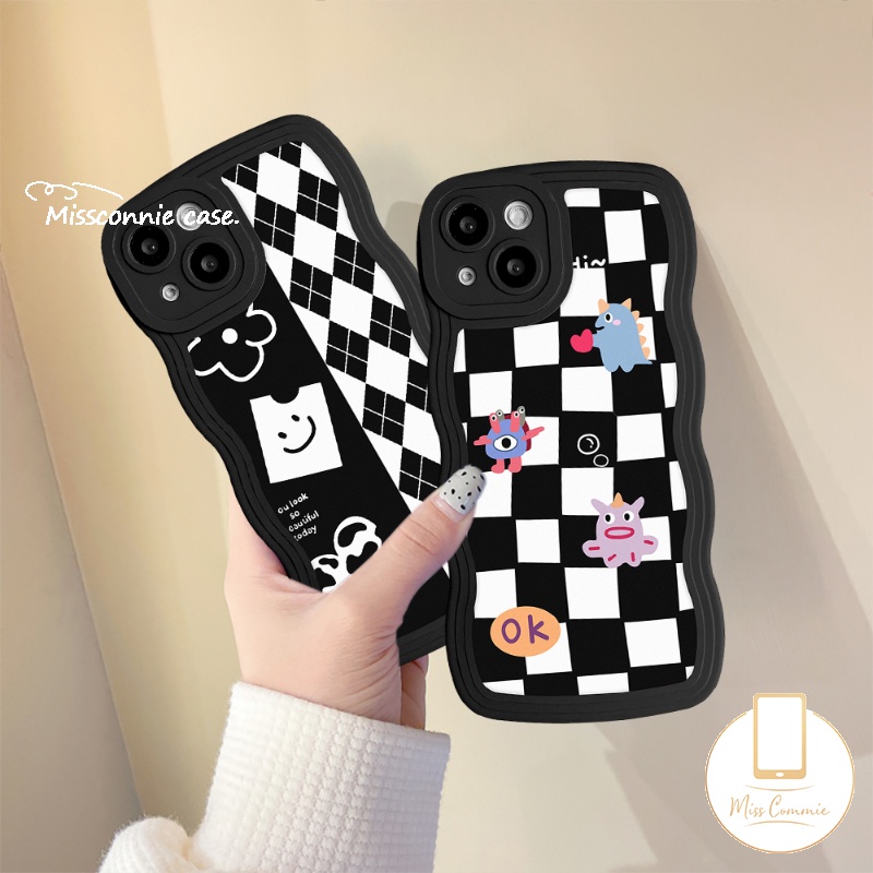 IPHONE Case Kompatibel Untuk Iphone6 6s 87plus 11 14 13 12 Pro Max 14Plus XR X XS Max SE 2020papan Catur Diamond Grid Kartun Monster Kecil Lembut TPU Bergelombang Penutup Tepi