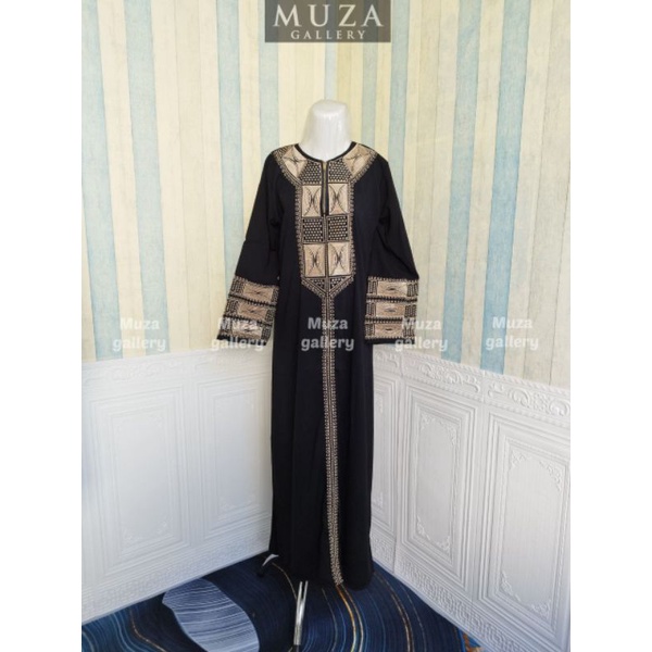 MUZA ABAYA HITAM ZIPER BORDIR DUBAI ROSE GOLD (BUSUI)