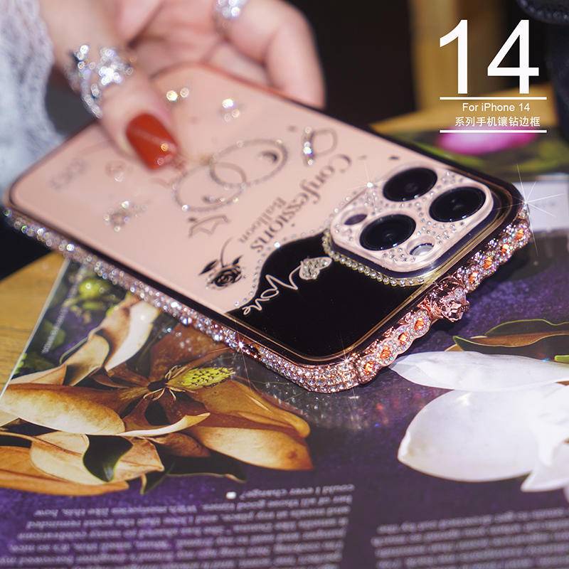 IPHONE Casing Bor Flash Mewah Bingkai Logam Untuk iPhone14 13 12 11 Pro Max Plus Rhinestones Perlindungan Lensa Akrilik Shockproof Penutup Belakang Untuk iPhone14 iPhone13 iPhone12 iPhone11