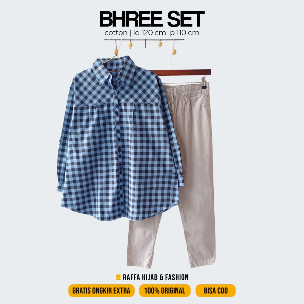 Setelan Kemeja Wanita BHREE SET Motif Garis Ukuran Jumbo LD 120 cm Bahan Katun Yanded