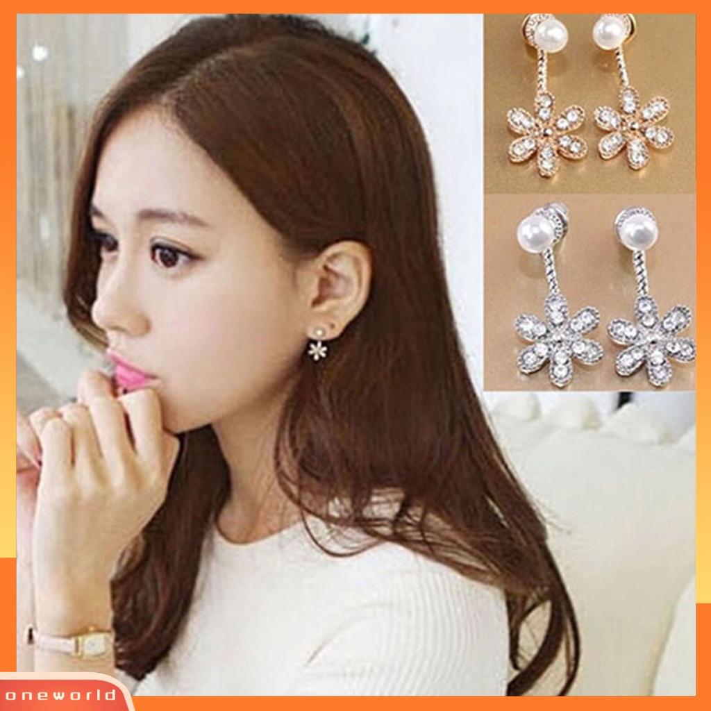 [WONE] Anting Wanita Earrings Shiny Antikarat Alloy Berlian Imitasi Bunga Mutiara Imitasi Ear Studs Untuk Belanja