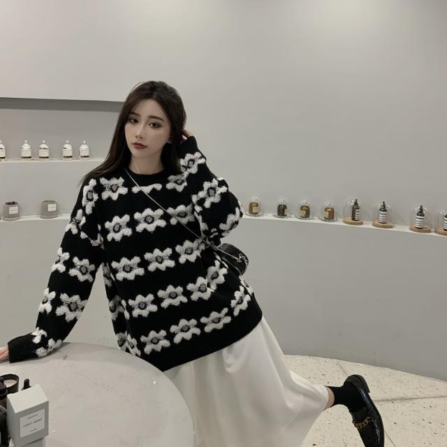 Suhao Malas Angin Bunga Pullover Sweater Wanita Musim Gugur Setelan Jas Longgar Fashion All-Match Sweater Lengan Panjang top Trendi