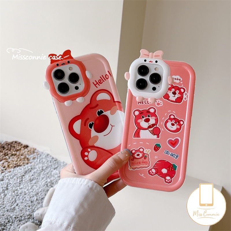 Case Cocok Untuk iPhone 6s 6 8 7plus 11 Pro Max13 12 14 Pro Max14 Plus XR X XS Max SE 2020kartun Manis Strawberry Beruang Manyo Lucu 3D Bow-knot Monster Kecil Lensa Soft Cover