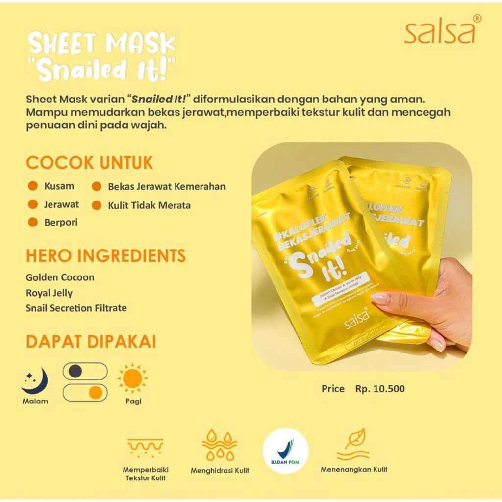 SALSA Sheet Mask 20g | Masker Wajah Daily (Hyaluronic, Niacinamide, Snail) | BPOM