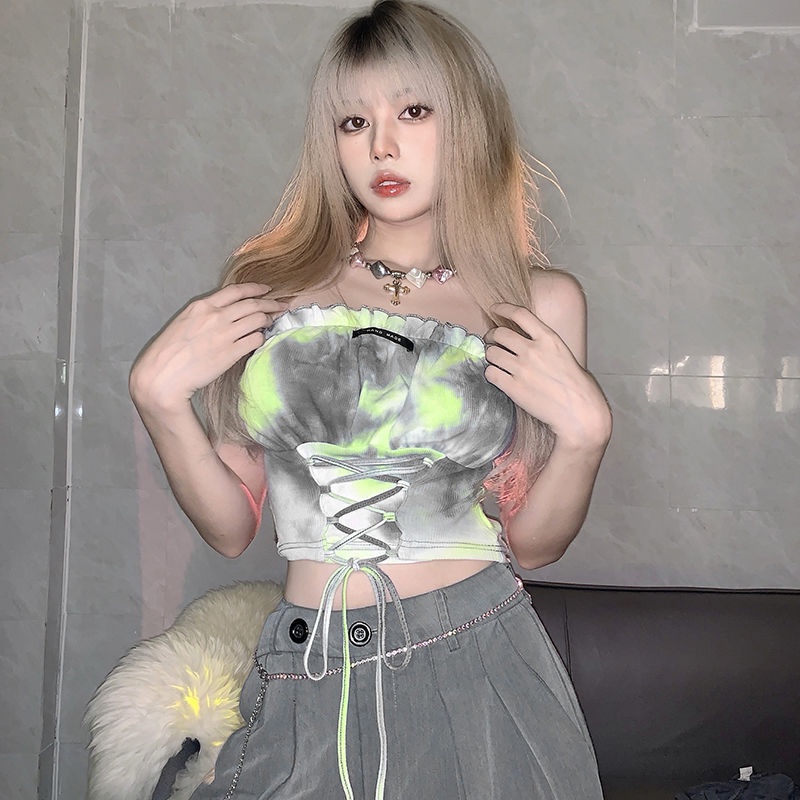 ™❦Suhao manis dan keren gaya retro tie-dye tube top agar terlihat kurus dan menutupi daging musim gugur lengan panjang T-shirt dua potong top wanita