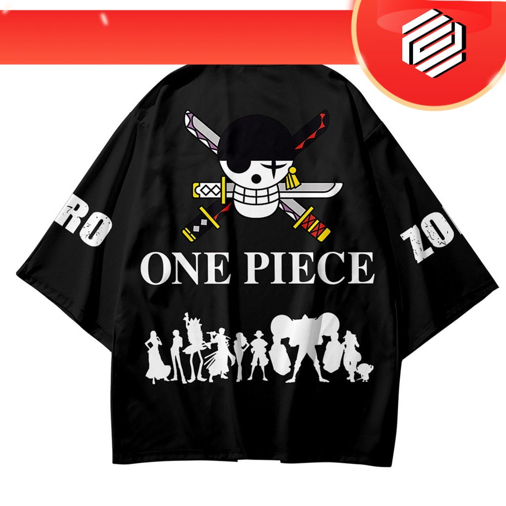 baju COD New 2023 Fashion Black Outer Kimono Japan One Piece Luffy Zoro Cartoon Anime Men Women Over