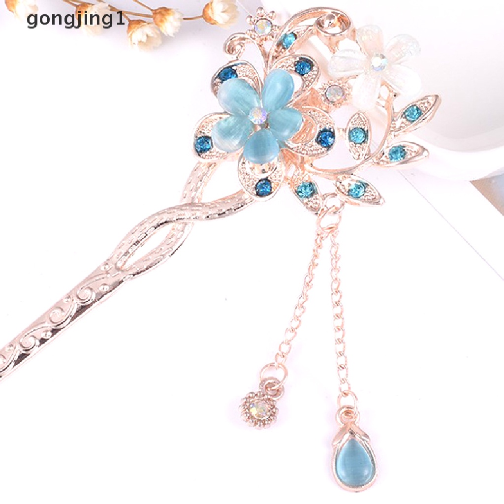 Ggg Pin Rambut Batu Mata Kucing Cat Eye Double Flower Rhinestone Hair Stick Hair Clip ID