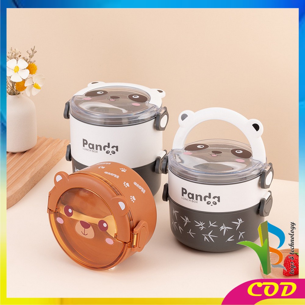 RB-C690 Tempat Makan Lunch Box Set Bulat 2 Tingkat Motif Panda Beruang Lucu Dengan Sendok / Kotak Bekal Anti Tumpah Portable Set BPA FREE