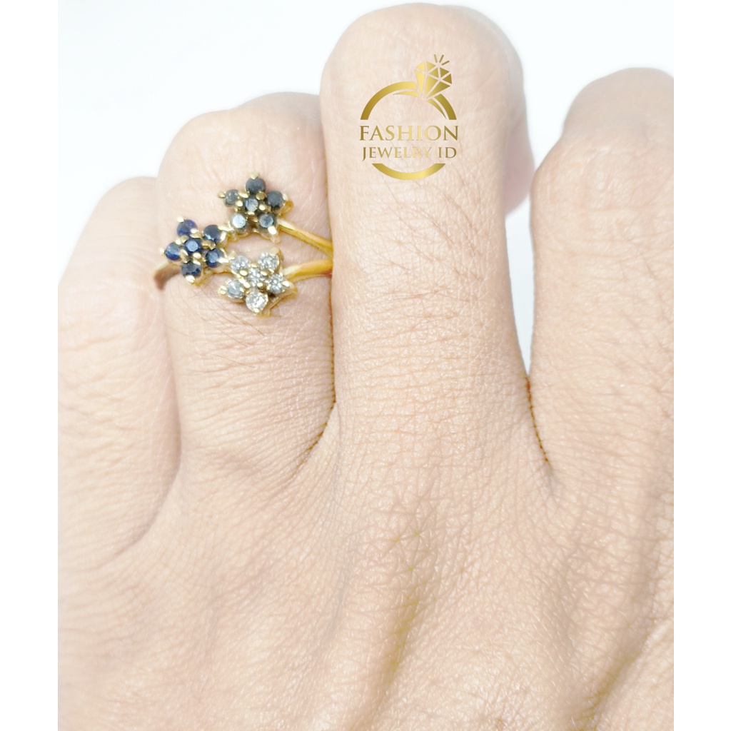 Cincin wanita 3 bunga berlian hitam blue safir berlian