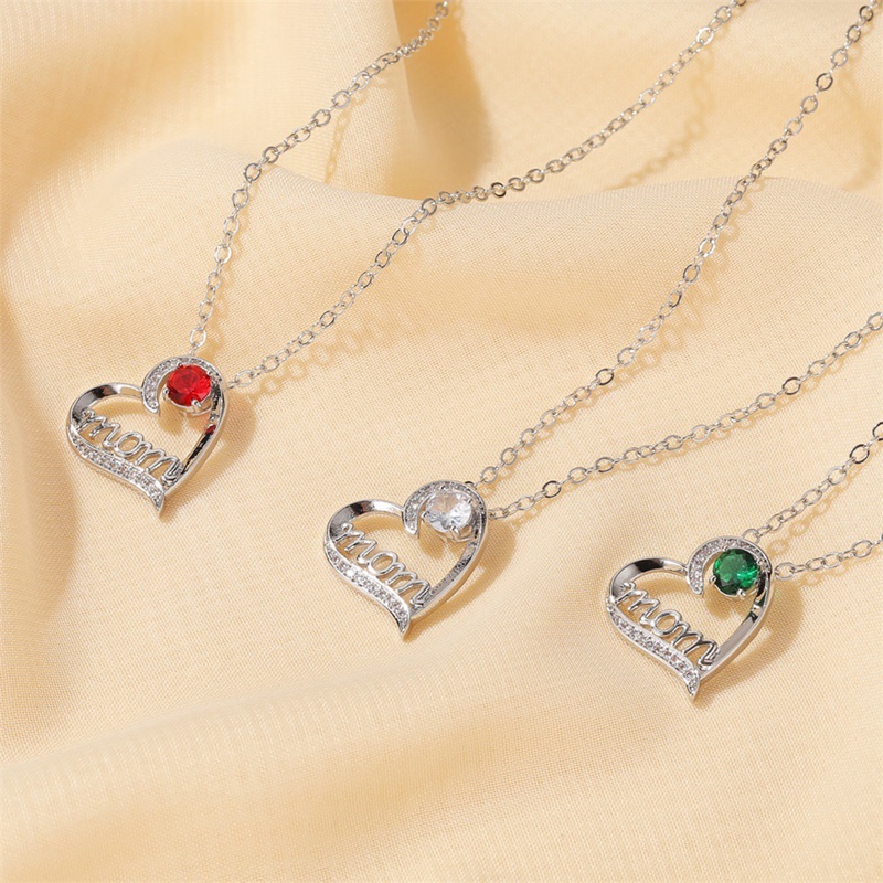 Fancyqube Fashion Cinta Ibu Warna Perak Kalung Merah Hijau Putih Kristal Ibu Berbentuk Hati Kalung Untuk Hadiah Ulang Tahun Hadiah Hari Ibu