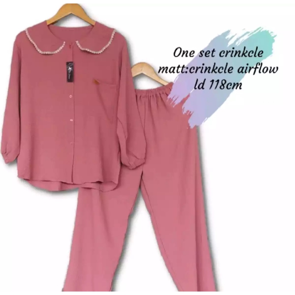 Ramdan Collection | Ariana One Set Crinkle Airflow Kerah Mix Renda Model Terbaru 2022 Setelan Wanita Kekinian Lengan Panjang Atasan Blouse Blus Set Celana