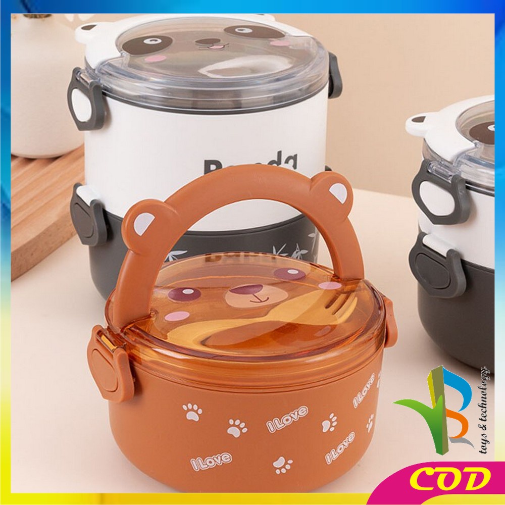 RB-C690 Tempat Makan Lunch Box Set Bulat 2 Tingkat Motif Panda Beruang Lucu Dengan Sendok / Kotak Bekal Anti Tumpah Portable Set BPA FREE