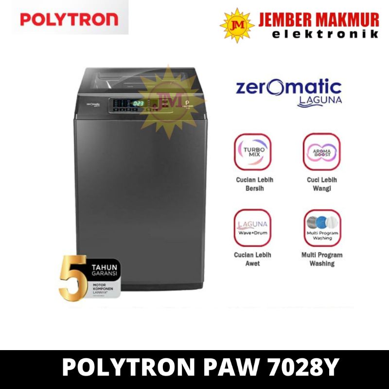 Top Loading Polytron 7 Kg PAW 7028Y | Mesin Cuci 1 Tabung Polytron Zeromatic Laguna 7 Kg |