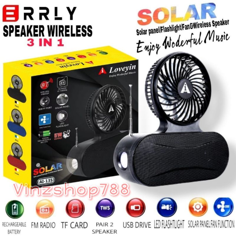 Speaker Bluetooth Solar Kipas Angin ERRLY AL-138 Speaker 3in1 Wireless Portable AL138 Speaker Radio Bluetooth + FAN FUNCTION  Dengan Panel Surya Charger Matahari