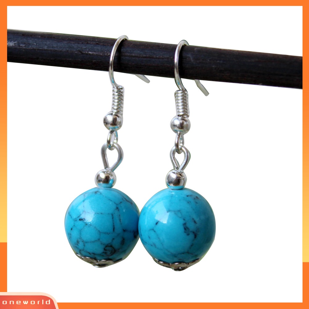 [WONE] Etnik Wanita Bulat Faux Turquoise Beads Menjuntai Drop Hook Anting Perhiasan Hadiah