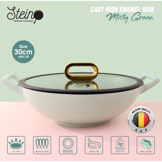 Stein Cookware - Non-Stick Cast Iron Enamel Wok 30cm with Lid