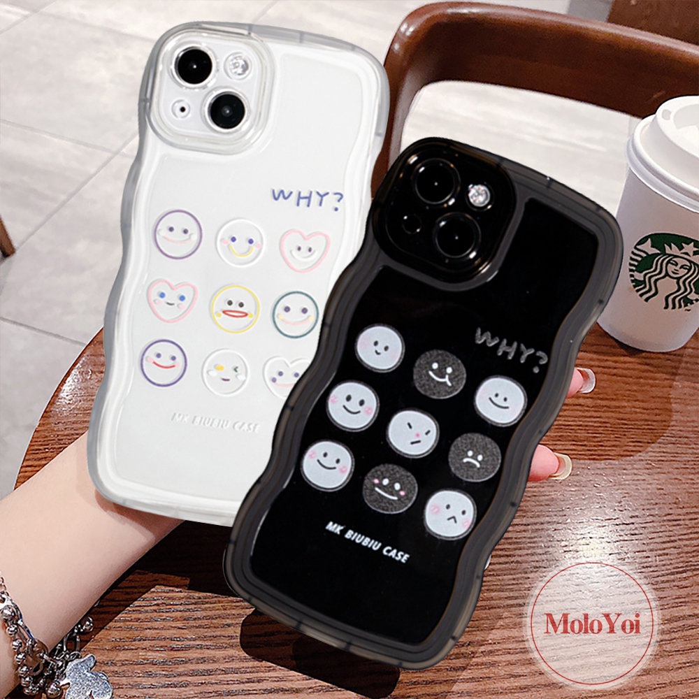 IPHONE Case Ekspresi Lucu Kartun Kompatibel Untuk Iphone11 12 14 13 Pro Max XR 6 6s 8 7 Plus 14Plus X XS Max SE 2020couple Cute Smiley Wavy Edge Transparan Lembut TPU Cover