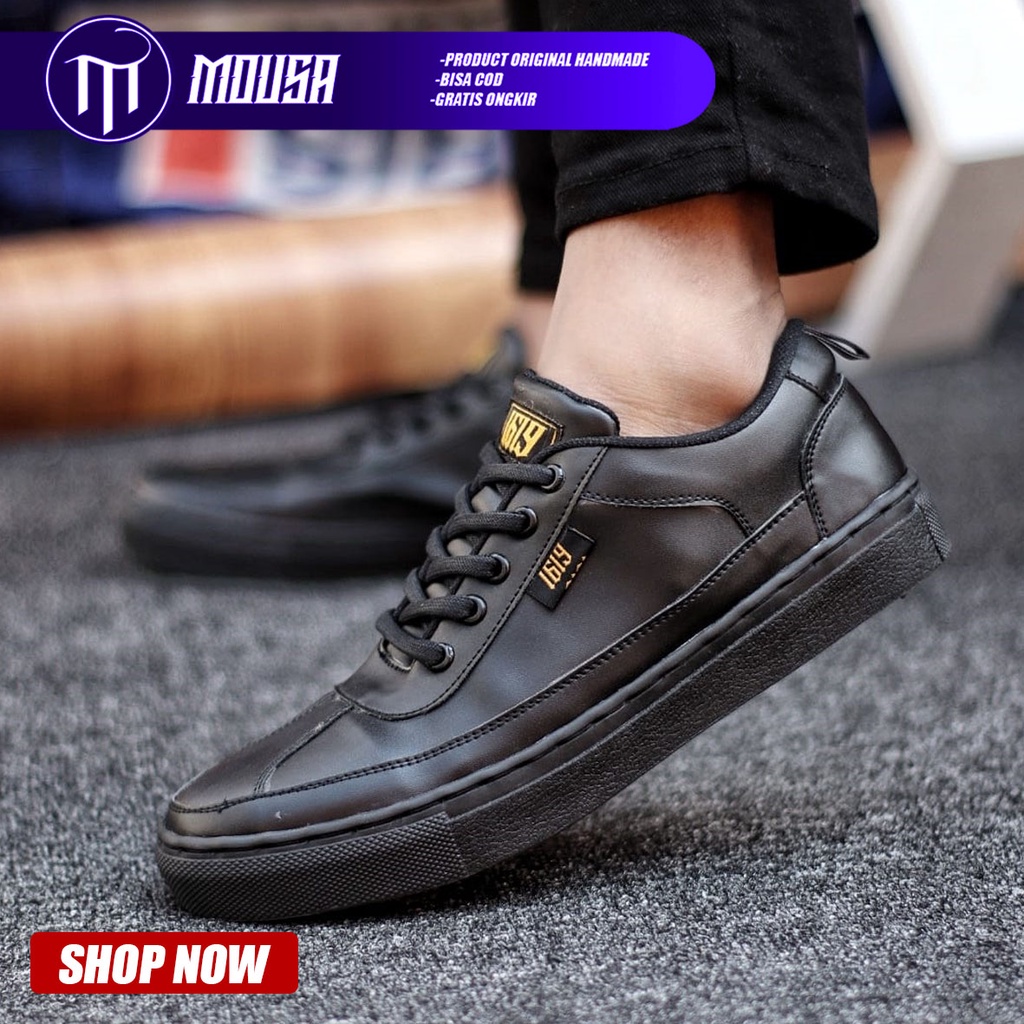 Sepatu Sneakers Formal Pria Casual Kulit PU Pantofel Hitam Mousa Garha