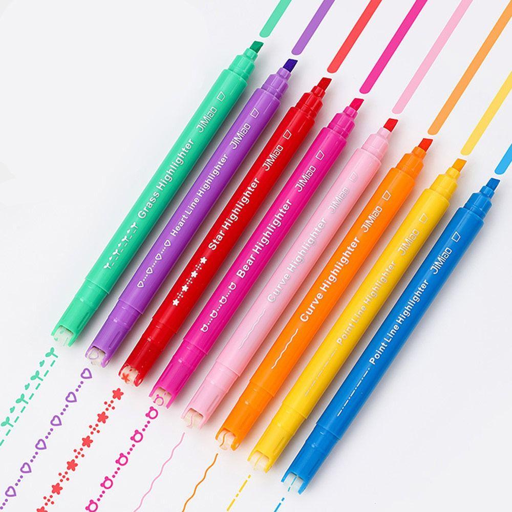 Nanas 8Pcs Curve Stabilo Pen Art Stationery Graffiti Berbentuk Bunga Garis Kurva Berkepala Ganda Warna Terintegrasi