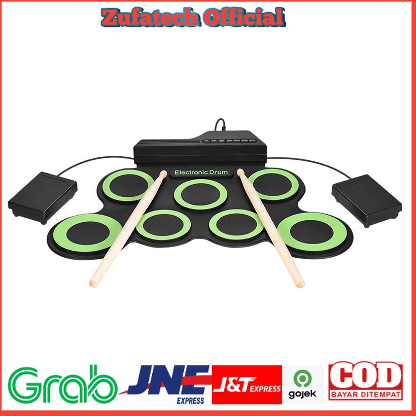 Ammoon Electronic Digital Drum Kit 7 Pads Roll Up USB Power - G3002 - Green