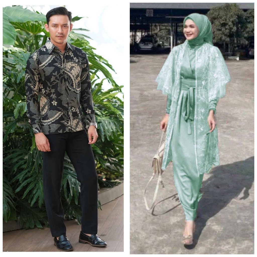 SHOPASHOP SOLO Batik Couple Dress Raya Kimono belt &amp; outer tulle mutiara Kombinasi Kemeja batik Lengan panjang