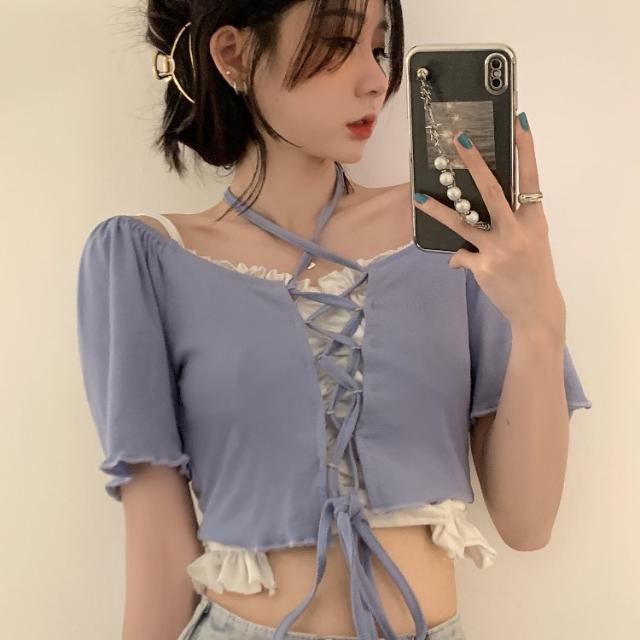 Suhao rasa desain niche one-shoulder T-shirt wanita musim panas slim lengan pendek in pasang pendek pusar one-piece setelan tulang selangka top