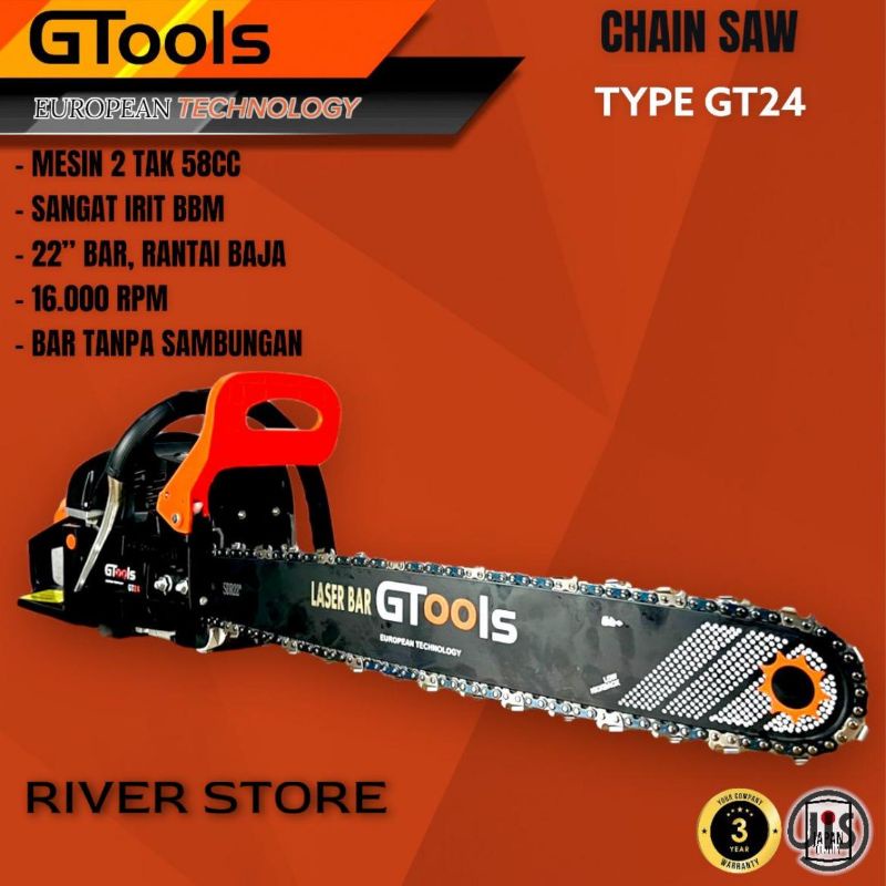 Chainsaw GTools GT24 22 Inch Bar Laser Baja Premium Mesin Senso 2TAK Lebih Kuat dari STIHL