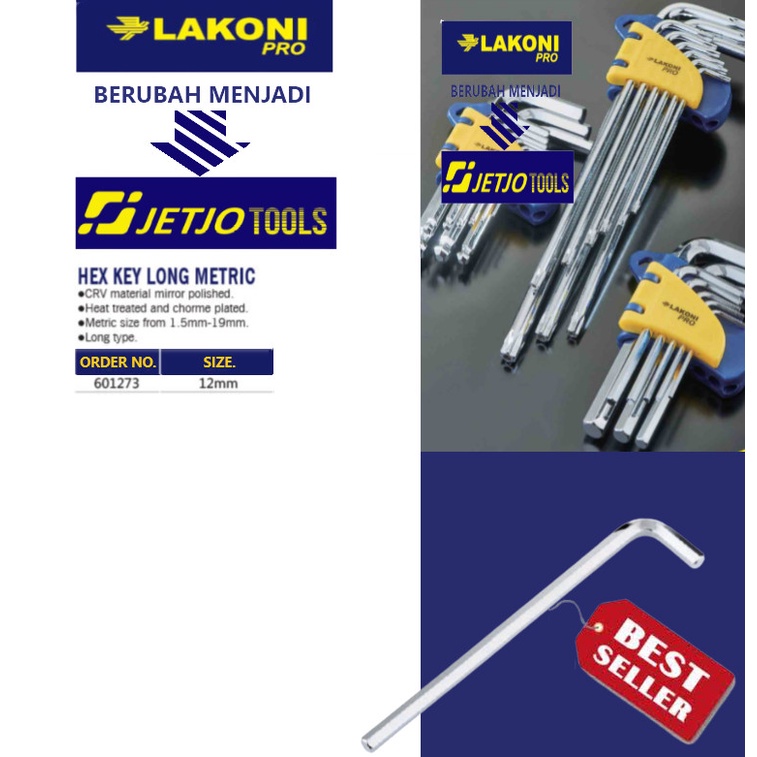 Kunci L panjang / Hex Key Long Metric 12mm LAKONI PRO / JETJO TOOLS 601273