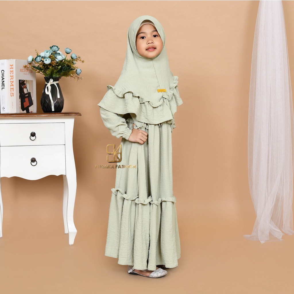 JIIRA baju gamis syari anak perempuan cringkle fashion muslim terbaru  FREE hijab khimar modern dres stelan kerudung serut susun 4 - 9 tahun manasik mengaji maulid nabi warna putih tulang hitam bata lilac lemon pink fuchia moca sagr green olive kekinian