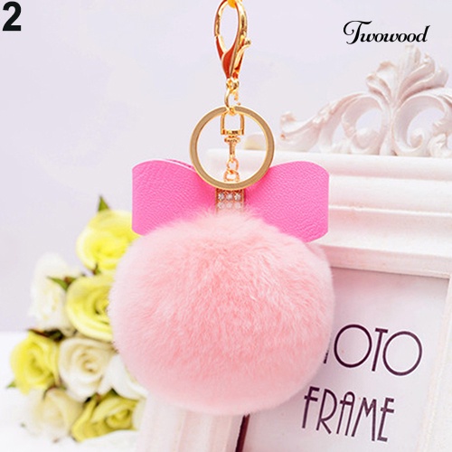 Twowood Faux Rabbit Fur Pom Pom Fluffy Puff Ball Ikatan Simpul Tas Mobil Gantungan Kunci Ring Keychain