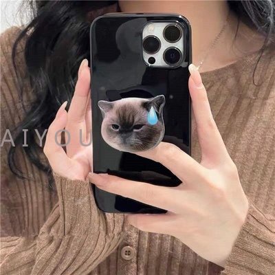 IPHONE Ins Cool Holder Stand Glossy Phone Case Untuk Iphone13 11 12 Pro Max XR X XS Max Mini7 8 Plus Se2020Hitam Lucu Butterfly Cat Cover
